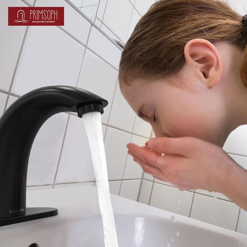 PRIMSOPH Automatic Motion Sensor Hands Free Electronic Infrared Smart Commercial Touchless Bathroom Sink Faucet with Cover Plate Temperature Mixer Battery or Plug-in Powered Matte Black - Image 5